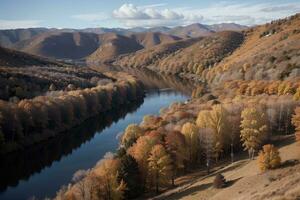 laaiend herfst tinten een panoramisch reis in natuur s palet. ai gegenereerd. foto