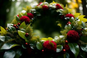 natuur s omhelzing artistiek Kerstmis lauwerkrans. ai gegenereerd. foto