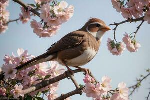 melodieus symfonie boeiend vogel tsjilpen in een bloeiende boom. ai gegenereerd. foto