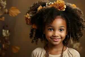 ai gegenereerd studio portret van schattig weinig gekruld Afrikaanse meisje Aan verschillend kleuren achtergrond foto