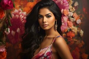 ai gegenereerd studio portret van mooi Indisch vrouw in gewoontjes en nationaal jurk in verschillend kleuren achtergrond foto