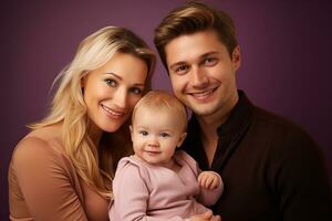 ai gegenereerd studio portret van mooi ouders met zuigeling baby Holding Aan handen Aan verschillend kleuren achtergrond foto