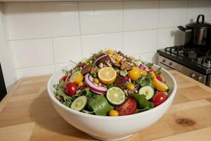 levendig en voedzaam salade genot in een modern keuken. ai gegenereerd. foto