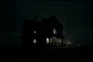 mysterieus achtervolgd huis onder de maanlicht. ai gegenereerd. foto