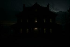 griezelig achtervolgd huis Bij nacht door James zwart hout. ai gegenereerd. foto