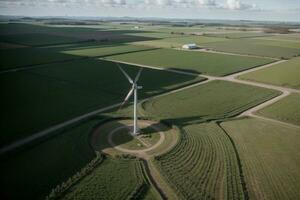 wind turbines in een groen veld. ai gegenereerd. foto