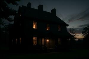 schaduwen van de Verleden een spookachtig silhouet van een mysterieus huis. ai gegenereerd. foto