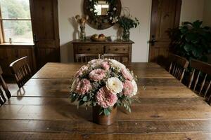 wijnoogst bloemen decor natuur s schoonheid Aan een rustiek tafel. ai gegenereerd. foto