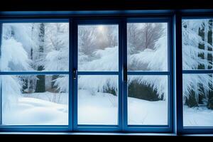 winter wonderland komt levend met ijzig venster stickers. ai gegenereerd. foto