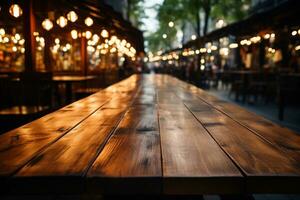 houten tafel top met vervagen achtergrond van koffie cafe. generatief ai foto