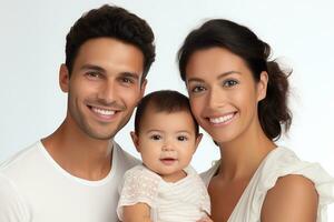 ai gegenereerd studio portret van mooi ouders met zuigeling baby Holding Aan handen Aan verschillend kleuren achtergrond foto