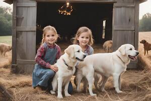 een betoverend tafereel van kinderen en honden spelen. ai generatief foto