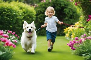 een betoverend tafereel van kinderen en honden spelen. ai generatief foto