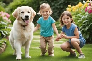 een betoverend tafereel van kinderen en honden spelen. ai generatief foto