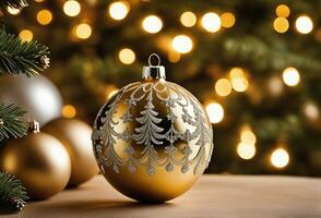 Kerstmis viering met versierd bal, klok, en boom. ai generatief foto