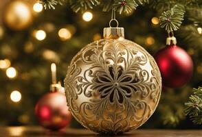 Kerstmis viering met versierd bal, klok, en boom. ai generatief foto