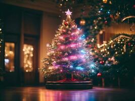 versierd Kerstmis boom met bal, klok en veel meer. ai generatief foto