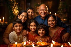 Indisch diwali vieren met diya verlichting. familie, meisjes, kinderen allemaal gelukkig momenten. ai generatief foto