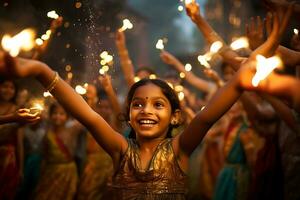 Indisch diwali vieren met diya verlichting. familie, meisjes, kinderen allemaal gelukkig momenten. ai generatief foto