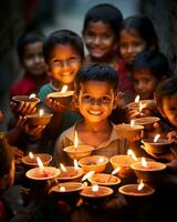 Indisch diwali vieren met diya verlichting. familie, meisjes, kinderen allemaal gelukkig momenten. ai generatief foto