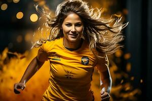 Spaans vrouw voetbal speler vieren een zege. ai generatief foto