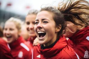 Spaans vrouw voetbal speler vieren een zege. ai generatief foto