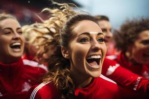 Spaans vrouw voetbal speler vieren een zege. ai generatief foto