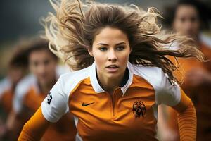 Spaans vrouw voetbal speler vieren een zege. ai generatief foto