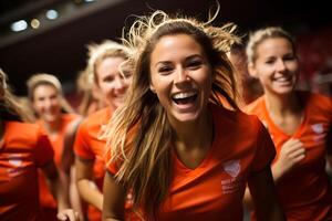 Spaans vrouw voetbal speler vieren een zege. ai generatief foto