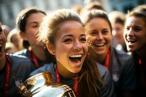 Spaans vrouw voetbal speler vieren een zege. ai generatief foto