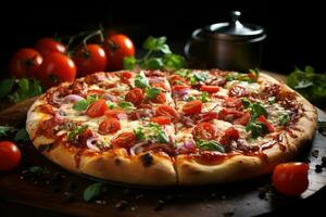 pizza perfectie wereld klasse oven gebakken geneugten decoratie met toppingsai generatief foto