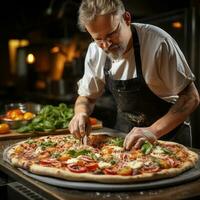 pizza perfectie wereld klasse oven gebakken geneugten decoratie met toppingsai generatief foto