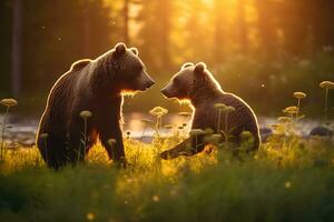 grizzly beer moeder en welpen. hd kwaliteit scheermes scherp afbeeldingen. ai generatief foto