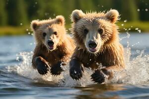 grizzly beer moeder en welpen. hd kwaliteit scheermes scherp afbeeldingen. ai generatief foto