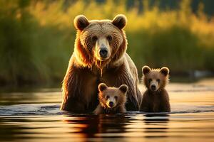 grizzly beer moeder en welpen. hd kwaliteit scheermes scherp afbeeldingen. ai generatief foto