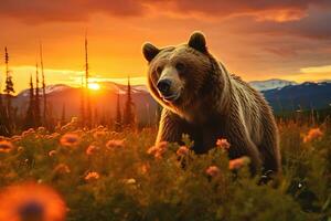 grizzly beer moeder en welpen. hd kwaliteit scheermes scherp afbeeldingen. ai generatief foto