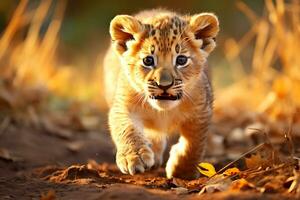 gouden uur majesteit. leeuwin en welpen dieren in het wild fotograaf. ai generatief foto
