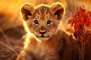 gouden uur majesteit. leeuwin en welpen dieren in het wild fotograaf. ai generatief foto