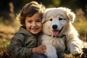 puppy hond en kinderen. hartverwarmend binding en blij momenten. ai generatief foto