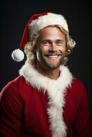 ai gegenereerd portret van knap glimlachen Mens in de kerstman claus vervelend foto