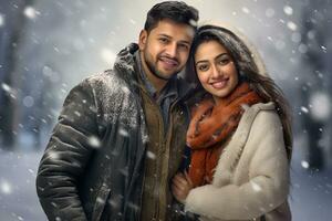 ai gegenereerd portret van mooi glimlachen jong paar Mens en vrouw staand onder sneeuwen foto
