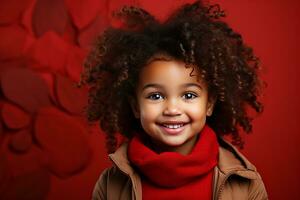 ai gegenereerd studio portret van schattig weinig gekruld Afrikaanse meisje Aan verschillend kleuren achtergrond foto