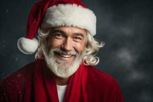 ai gegenereerd portret van knap glimlachen Mens in de kerstman claus vervelend foto