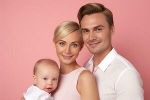 ai gegenereerd studio portret van mooi ouders met zuigeling baby Holding Aan handen Aan verschillend kleuren achtergrond foto