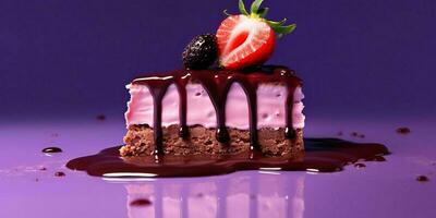 een stuk van chocola taart met gesmolten chocola en aardbeien Aan Purper achtergrond. generatief ai foto