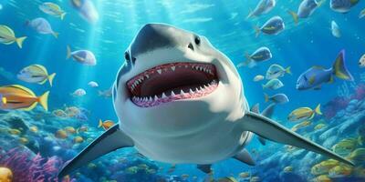 glimlachen haai illustratie onderwater- in tekenfilm stijl. vis portret. generatief ai foto