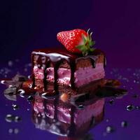een stuk van chocola taart met gesmolten chocola en aardbeien Aan Purper achtergrond. generatief ai foto