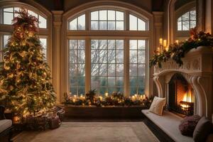 mooi Kerstmis versierd huis interieur met een Kerstmis boom en Kerstmis presenteert. ai gegenereerd. foto