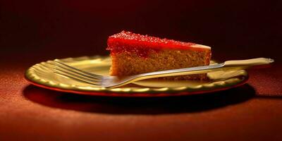een heerlijk plak van rood taart Aan een gouden bord. generatief ai foto