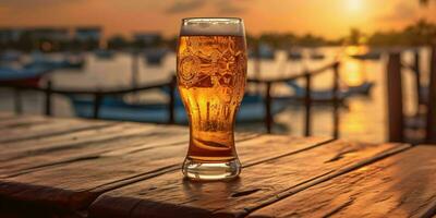 vers bier Aan een houten tafel met strand visie. generatief ai foto